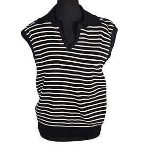 NWOT | Black & White Striped Knit V-Neck Collared Sweater Vest | Small